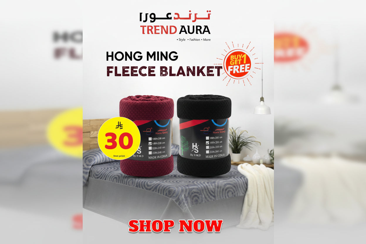 Two fleece blankets with promotional text on a bed in a bedroom setting.